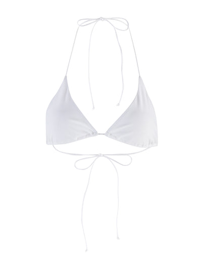 The KRYZE BIKINI TOP - WHITE from TIGERMIST is displayed against a plain white background. It showcases a minimalist design with triangular cups and thin halter neck and back tie strings, creating a simple and elegant swimwear piece.