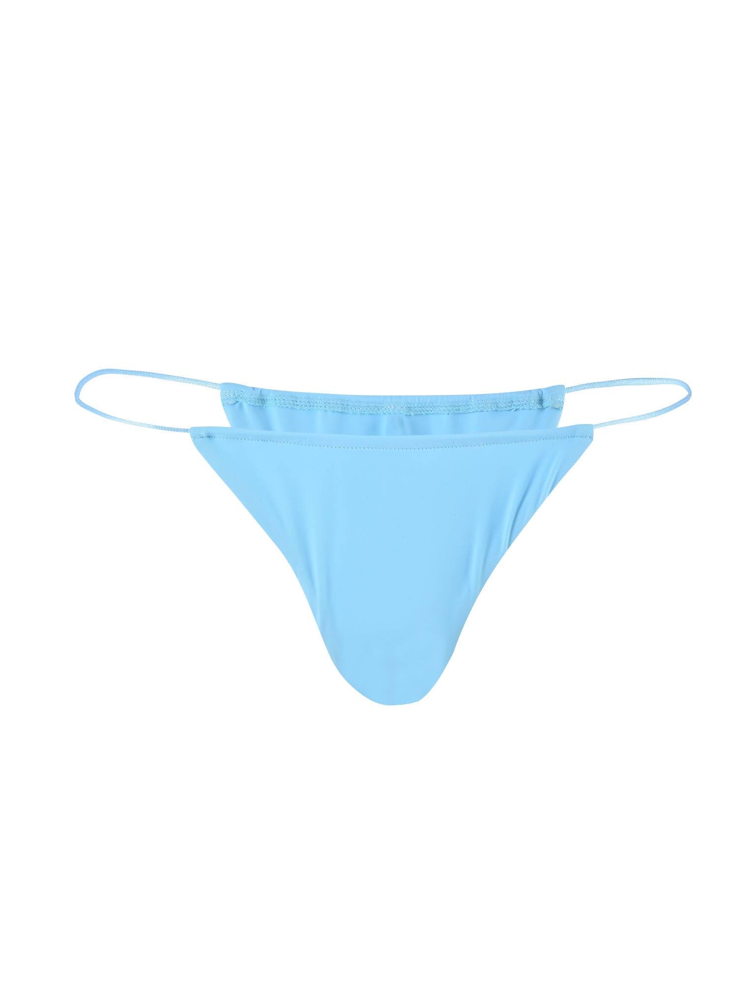 A pair of KRYZE BIKINI BOTTOM - BLUE: BABY BLUE from TIGERMIST is shown. The bottoms feature a minimalist design with thin elastic straps on both sides and a smooth, slightly curved front. The fabric appears to be stretchy and comfortable, making it suitable for swimwear.