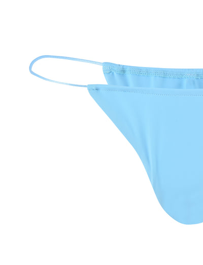 A close-up of a baby blue bikini bottom, illustrating a section of the main fabric and one side tie on a white background, reminiscent of TigerMist's sleek, modern design.
