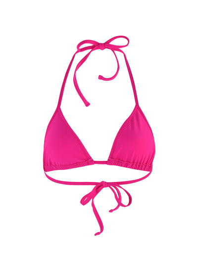 The LULA Bikini Top in Hot Pink by TIGERMIST features a vibrant triangle design with adjustable straps. Its thin strings tie behind the neck and back for a customizable fit, and the smooth, comfortable fabric makes it ideal for beachwear or swimming.