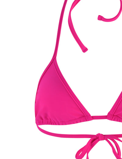 The vibrant LULA BIKINI TOP - PINK : HOT PINK by TIGERMIST showcases a bright pink triangle design, complete with a halter neck and back tie straps. Crafted from smooth fabric, it ensures a well-fitted look perfect for beach or pool wear, standing out vividly against any backdrop.