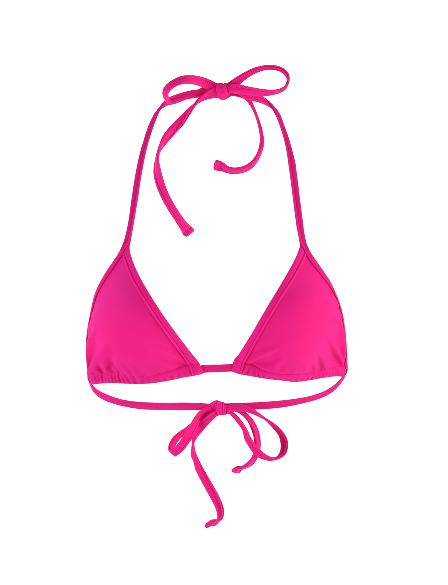 Introducing the LULA BIKINI TOP - PINK : HOT PINK by TIGERMIST, a striking bikini top in bright pink. This stylish swimwear features a halter neck with triangular cups and tie closures at both the back and neck. The front view of this fashionable bikini top is showcased against a plain white background, highlighting its sleek design.

