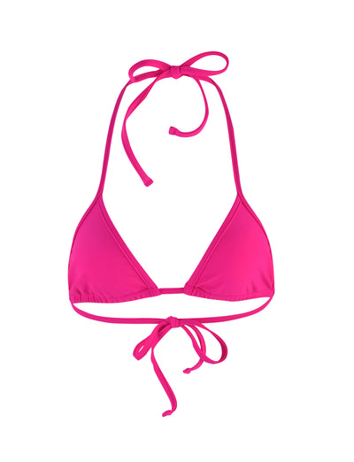 Introducing the LULA BIKINI TOP - PINK : HOT PINK by TIGERMIST, a striking bikini top in bright pink. This stylish swimwear features a halter neck with triangular cups and tie closures at both the back and neck. The front view of this fashionable bikini top is showcased against a plain white background, highlighting its sleek design.

