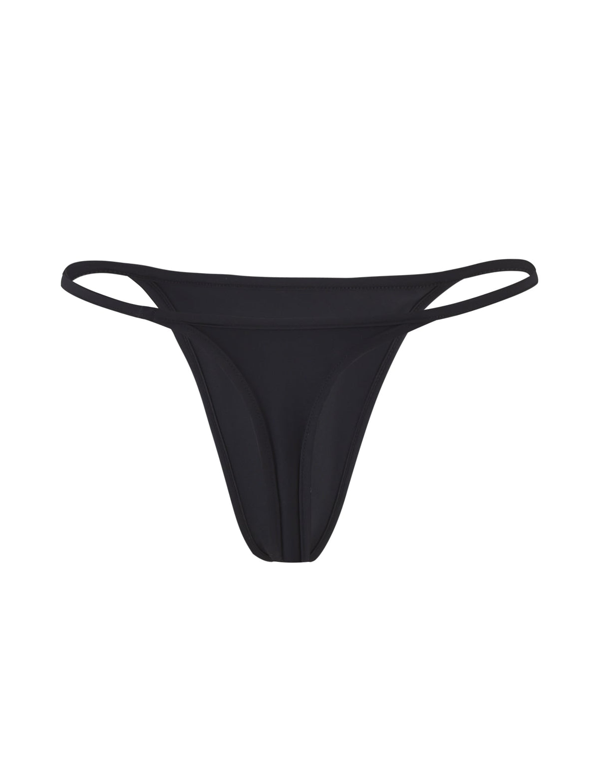 A minimalist black thong from TIGERMIST, the LULA BIKINI BOTTOM - BLACK, features a low-rise front and thin waistband. This bikini bottom showcases a sleek, seamless design with smooth fabric, offering a simple yet elegant look.