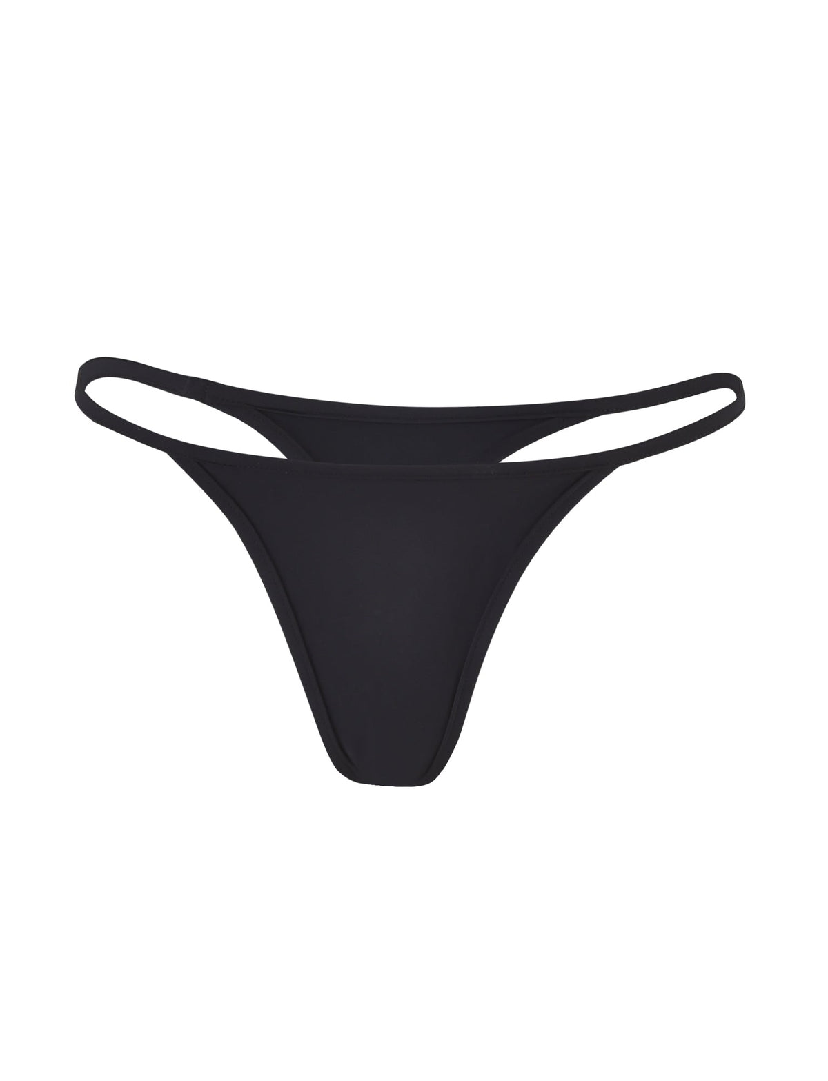 Introducing the LULA BIKINI BOTTOM - BLACK from TIGERMIST. This black thong underwear features thin side straps and a smooth fabric for a minimalistic, sleek design. The underwear is showcased on a plain white background.