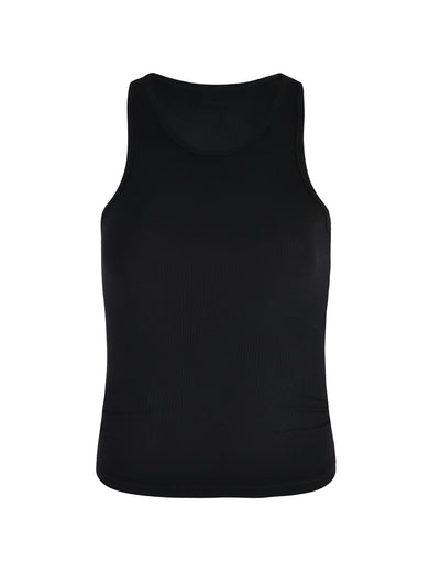 The SOMMER TANK - BLACK from TIGERMIST is a sleeveless, ribbed tank top showcased against a plain white backdrop. It features a crew neckline and boasts a straightforward, unadorned design.