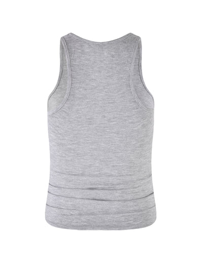 The SOMMER TANK - GREY from TIGERMIST is showcased against a white backdrop. Displayed from the back, this grey, sleeveless tank top features a ribbed texture with a simple, elongated design.
