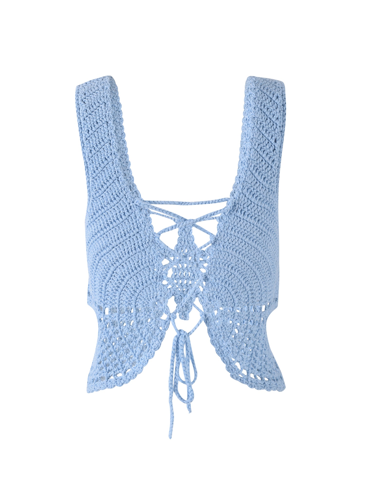 Introducing the AZADI TOP - BLUE by TIGERMIST: a baby blue, hand-crocheted cropped vest featuring a scalloped edge and intricate lace-like patterns. The front showcases a crisscross lace-up design with the ends tied into a bow at the bottom, creating a stylish and delicate appearance inspired by TIGERMIST's trendsetting styles.