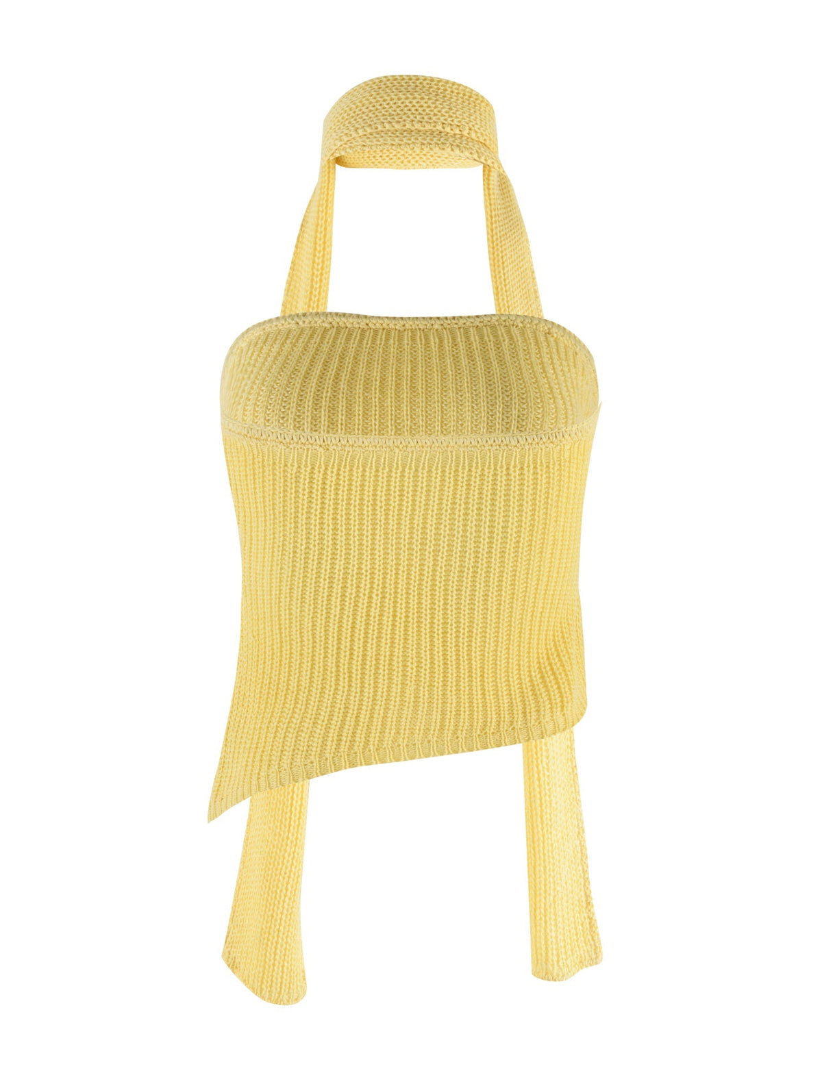 The MORAI TOP - YELLOW : LEMON from TIGERMIST is a ribbed knit halter top featuring a striking asymmetric design with an elongated front panel and criss-cross back straps. The textured pattern makes it ideal for casual or summer outfits.