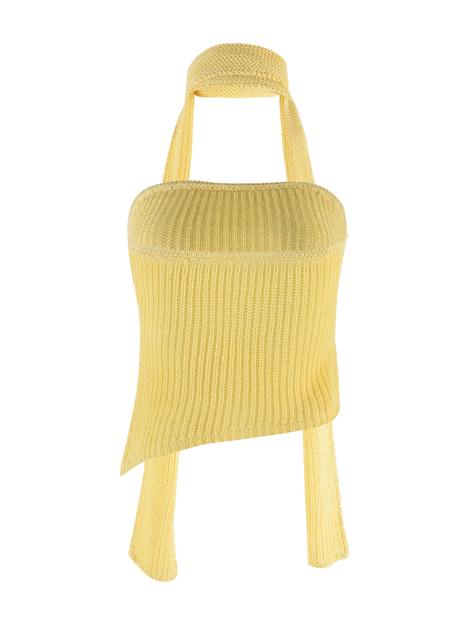 The MORAI TOP - YELLOW : LEMON from TIGERMIST is a ribbed knit halter top featuring a striking asymmetric design with an elongated front panel and criss-cross back straps. The textured pattern makes it ideal for casual or summer outfits.