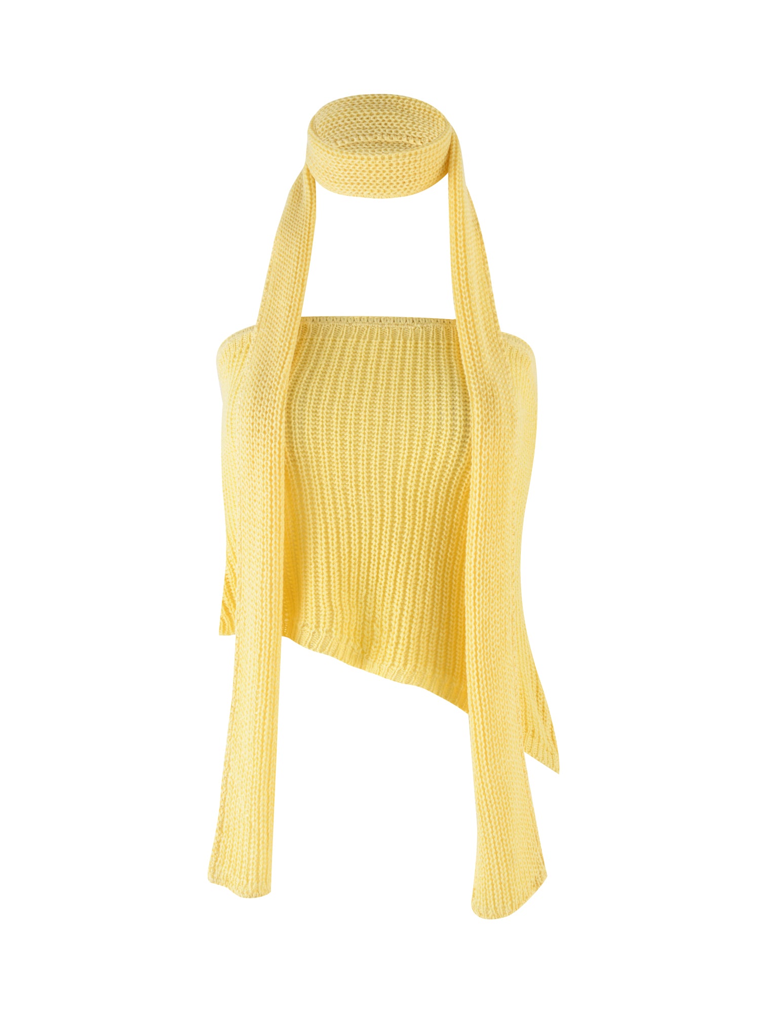 The MORAI TOP - YELLOW : LEMON by TIGERMIST is a yellow knit halter top with an asymmetrical design and long ties extending from the neck and sides. It features a ribbed texture and includes a detachable choker-style neck piece, embodying the edgy style of Tiger Mist.