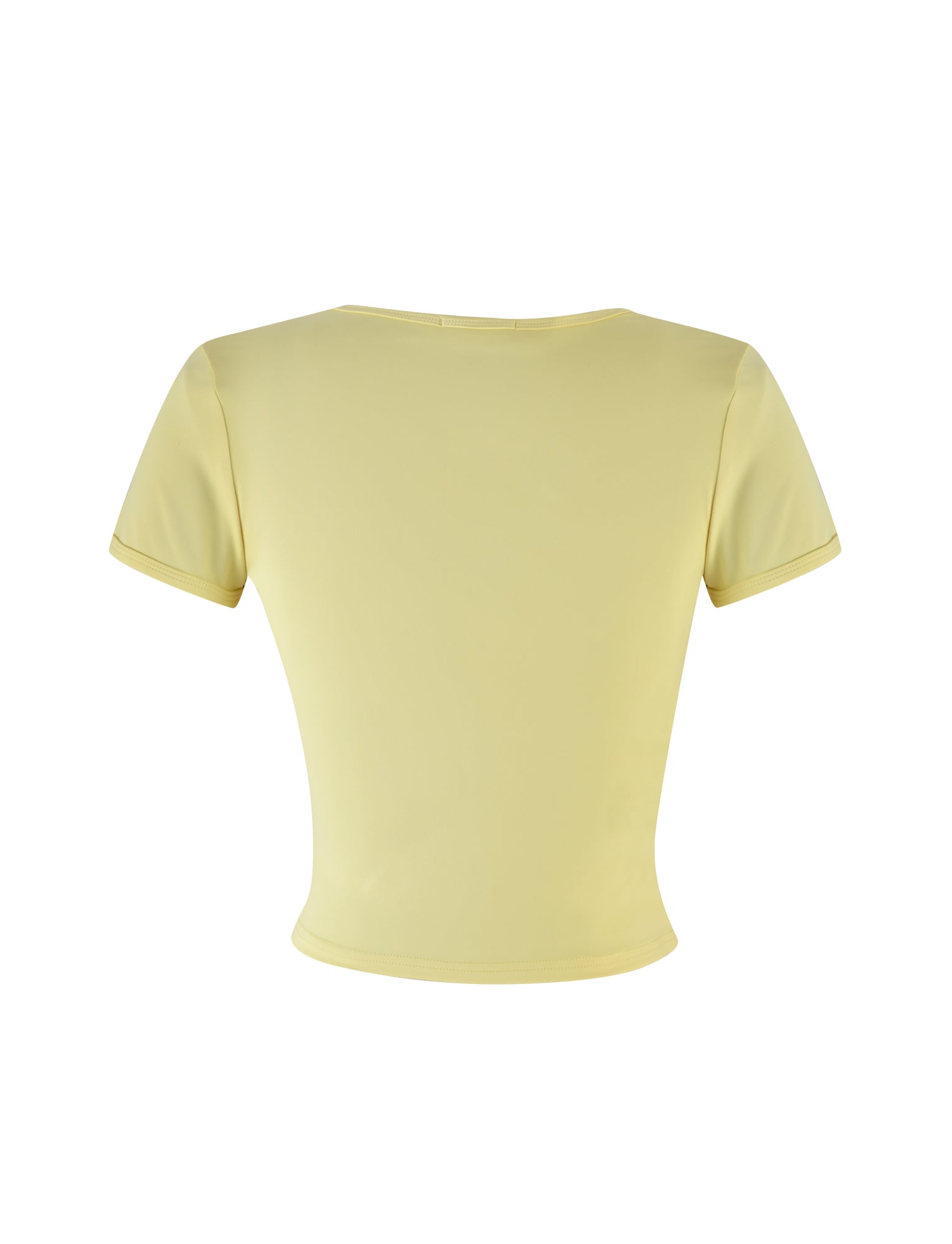A back view of the JOVANA TEE - YELLOW : MACRO FLORAL : HIBISCUS from TIGERMIST, showcasing a plain, short-sleeve, light yellow fitted T-shirt. The shirt appears to be made of a smooth, stretchy fabric and features a round neckline and a slightly tapered waist.
