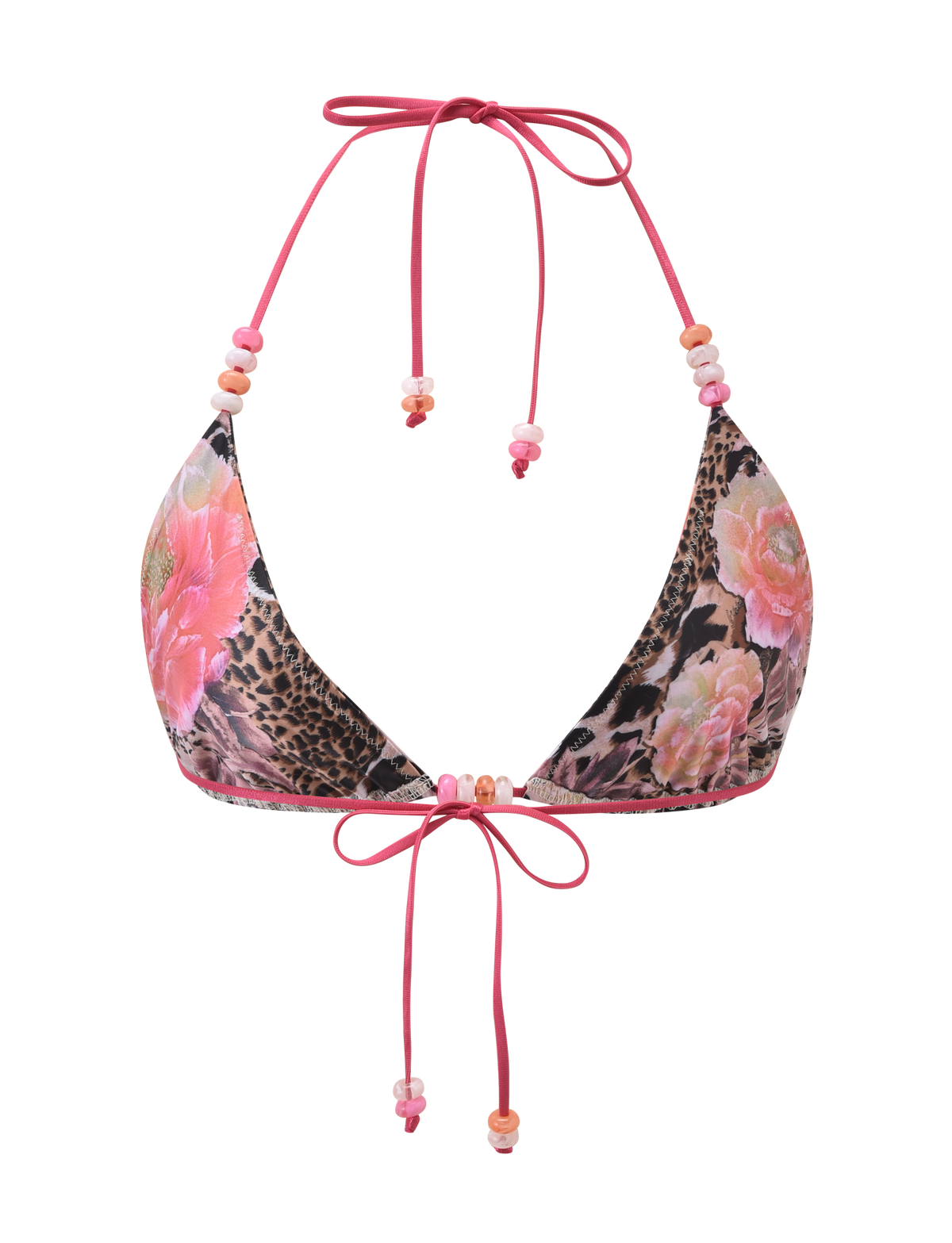 The FINLEA BIKINI TOP - ANIMALIER FLORAL by TIGERMIST is a pink triangle bikini with a vibrant floral animal print and halter neck ties, accented with pink, peach, and white beads for a playful look.