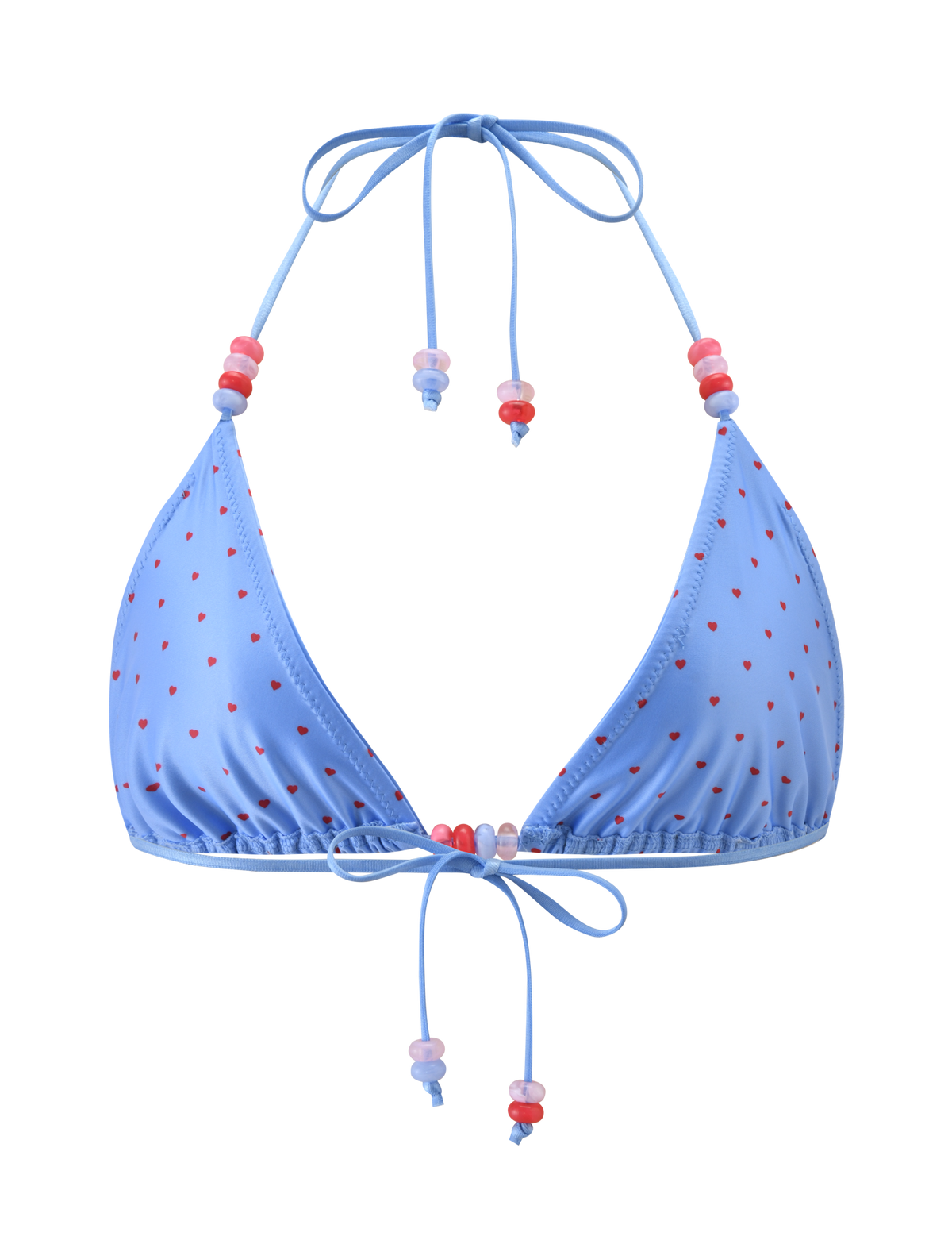 The TIGERMIST FINLEA BIKINI TOP - BLUE HEART POLKA DOT features a blue triangle design with red heart polka dots and adjustable neck and back ties, detailed with pink and red bead accents.