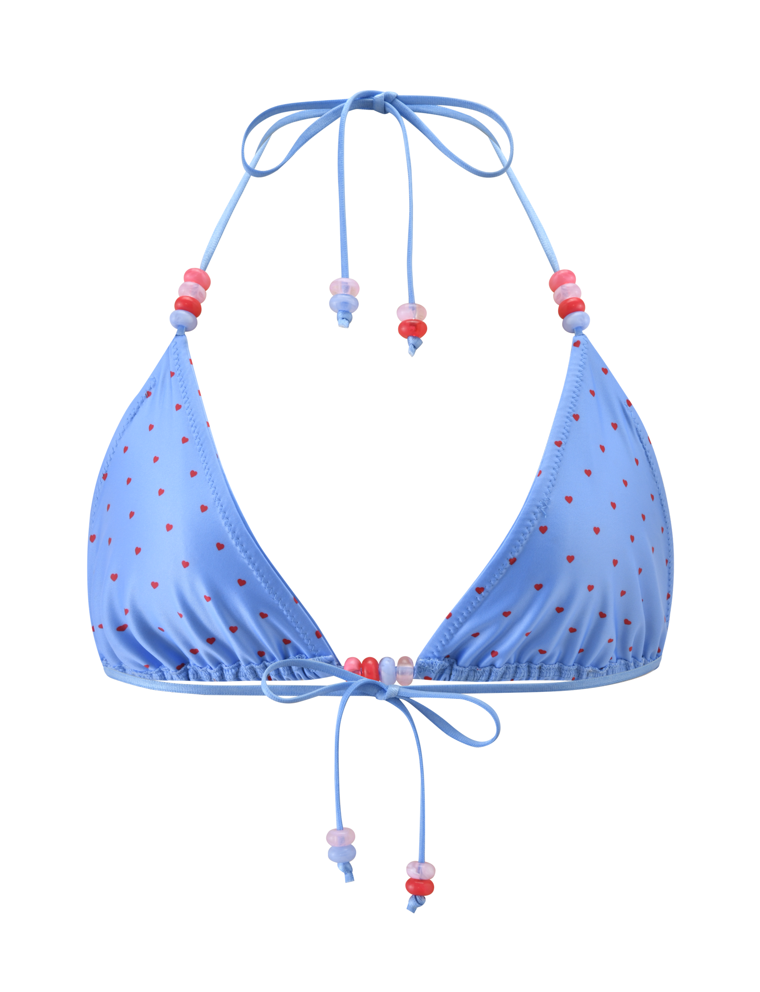 The TIGERMIST FINLEA BIKINI TOP - BLUE HEART POLKA DOT features a blue triangle design with red heart polka dots and adjustable neck and back ties, detailed with pink and red bead accents.