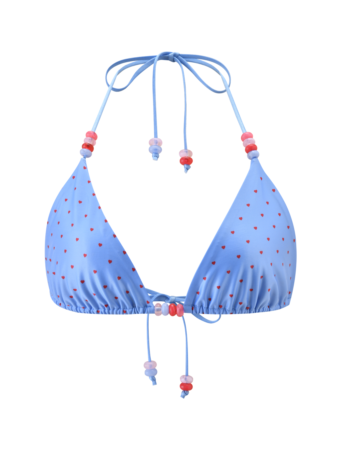 The FINLEA BIKINI TOP by TIGERMIST features a light blue triangle design with red heart polka dots, an adjustable halter neck and front ties adorned with pink and purple beads.