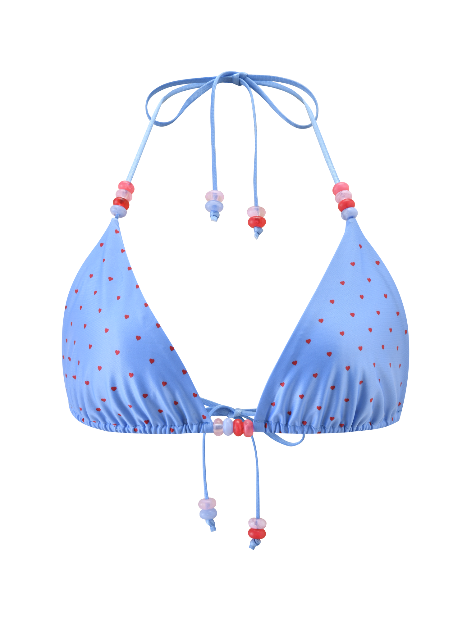 The FINLEA BIKINI TOP by TIGERMIST features a light blue triangle design with red heart polka dots, an adjustable halter neck and front ties adorned with pink and purple beads.