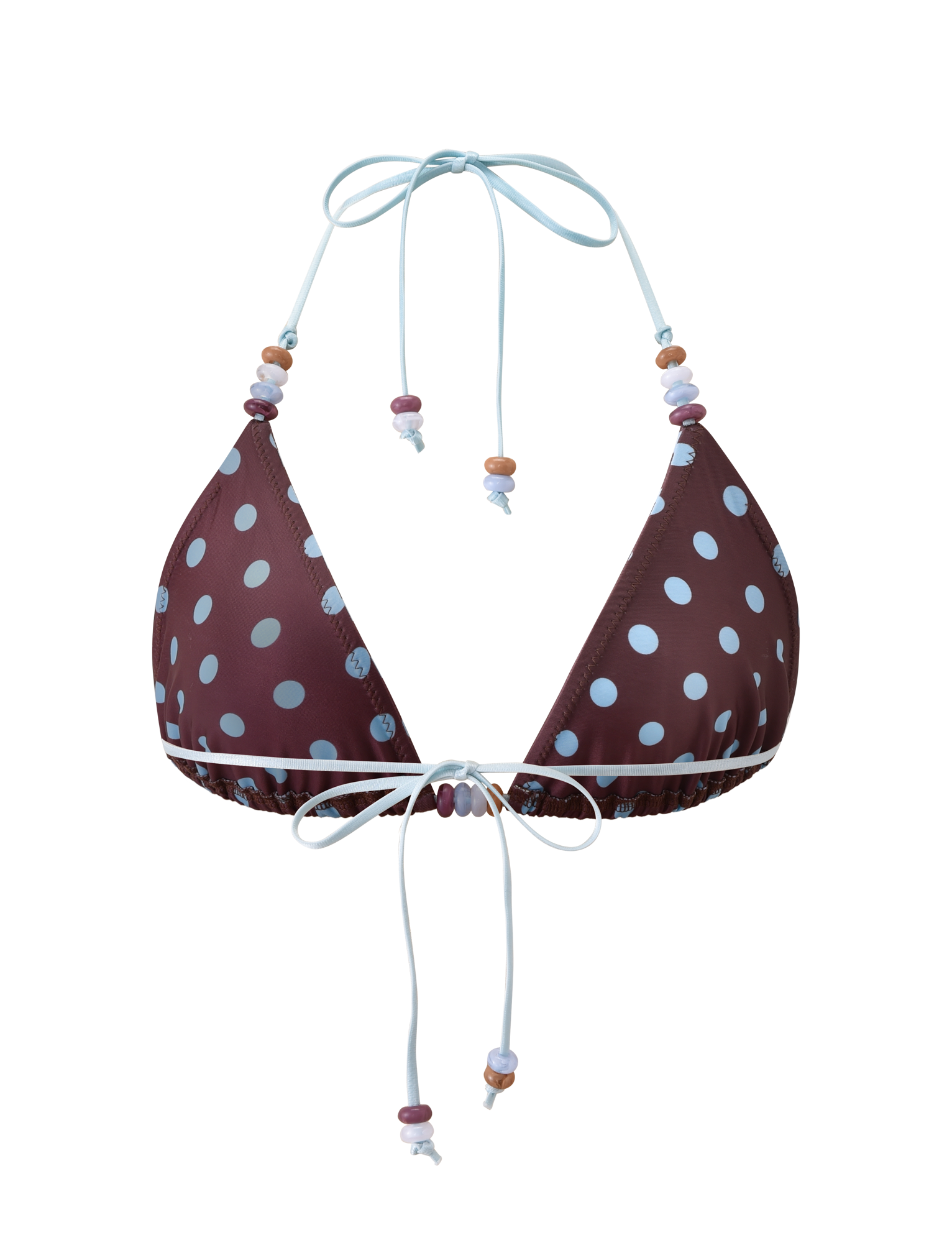 The FINLEA BIKINI TOP by TIGERMIST features a brown and blue polka dot design with light blue adjustable strings and colorful bead accents, adding playful charm to your beach style.