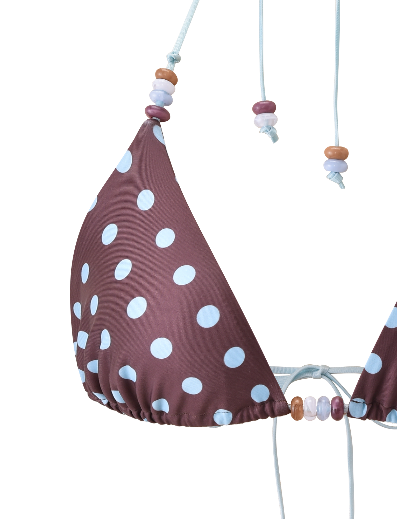 Close-up of the TIGERMIST FINLEA BIKINI TOP - BROWN AND BLUE POLKA DOT, a triangle top with light blue polka dots and beaded straps in white, blue, tan, and purple, shown against a plain white background.