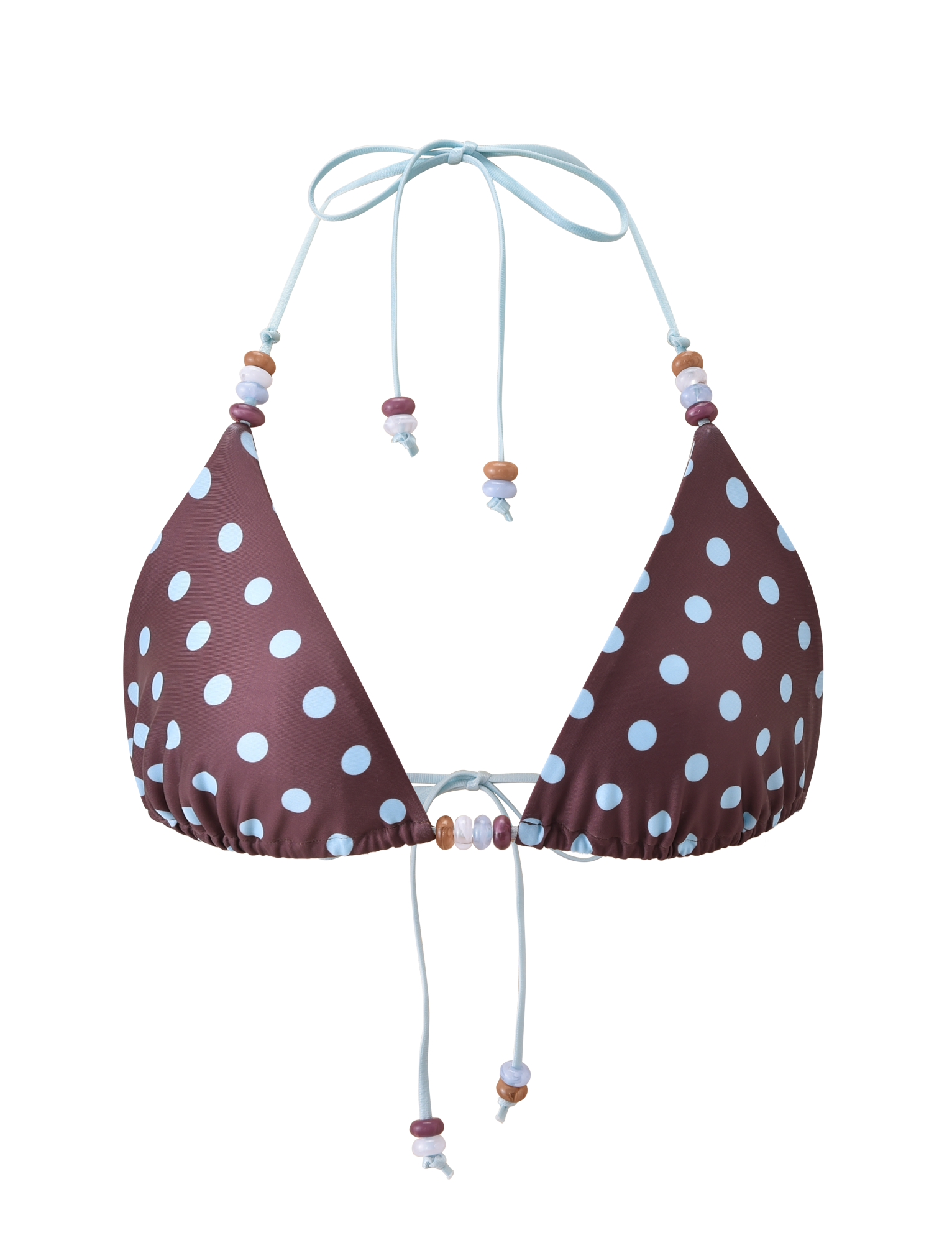 The FINLEA BIKINI TOP by TIGERMIST features a brown and blue polka dot triangle design with light blue straps and multicolored beads, shown on a plain white background.