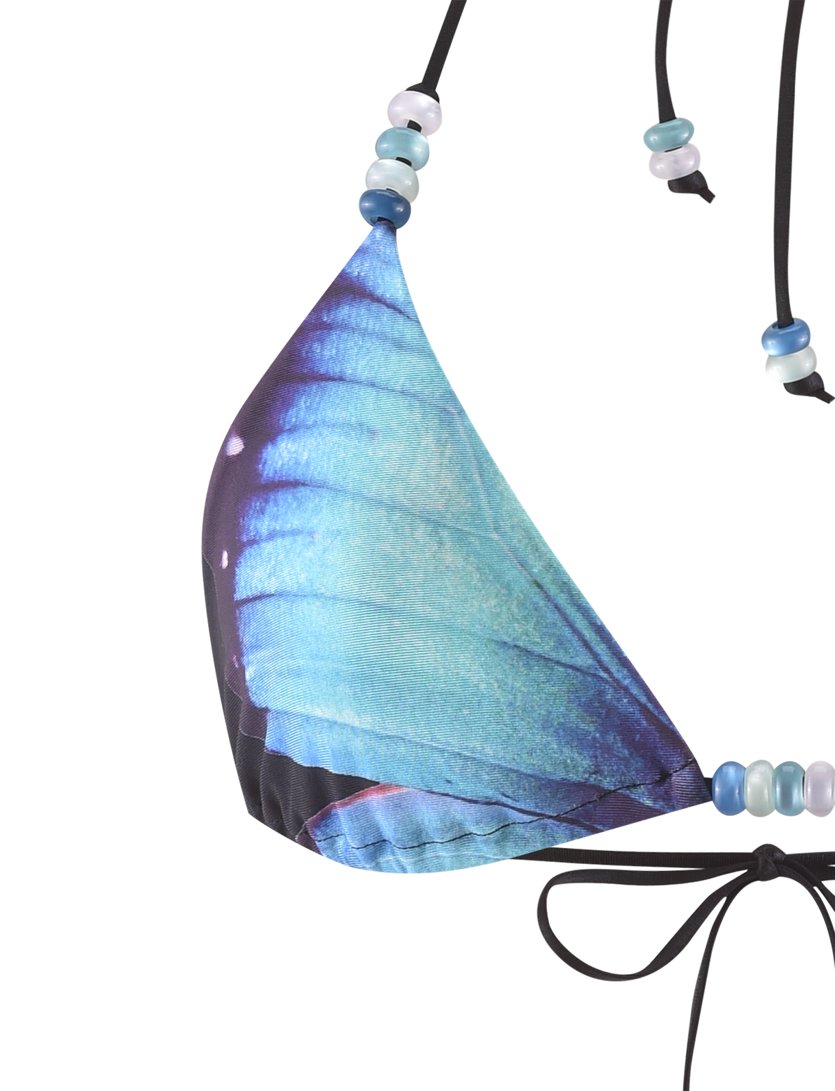 The FINLEA BIKINI TOP - BLACK : BUTTERFLY by TIGERMIST features a triangle design inspired by blue butterfly wings, with black strings and blue and white beads on the straps for adjustable styling.