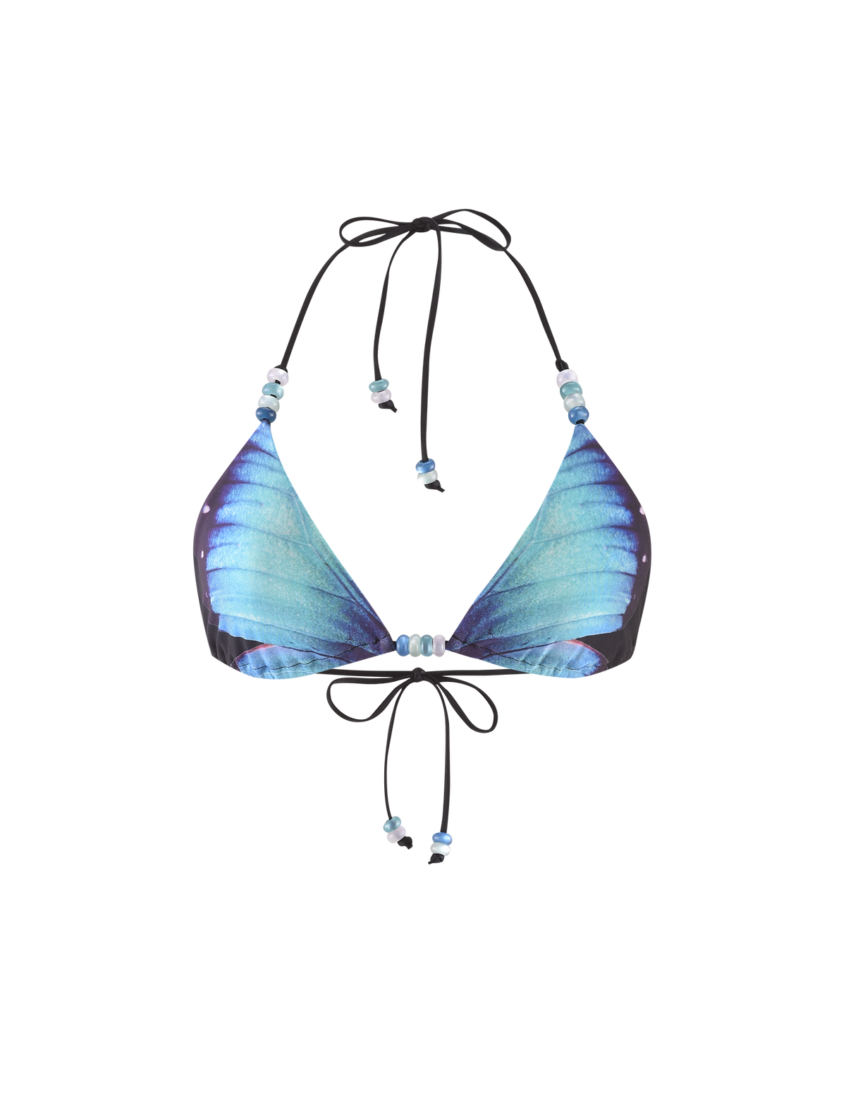 The TIGERMIST FINLEA BIKINI TOP - BLACK : BUTTERFLY features a halter-style triangle design with a blue butterfly print, black straps, and blue beaded adjustable ties, shown on a white background.