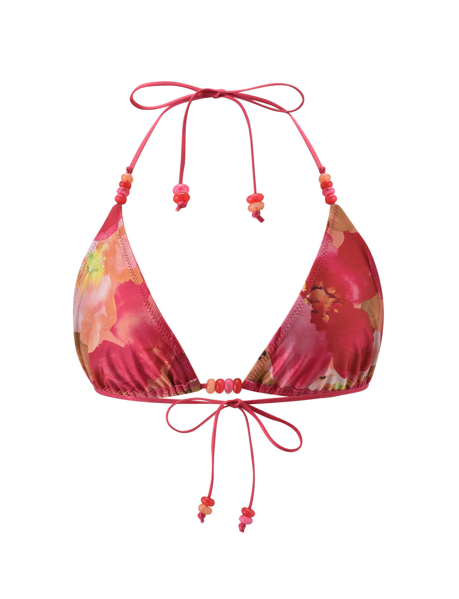 The FINLEA BIKINI TOP - DAIQUIRI FLORAL by TIGERMIST features a pink floral print, triangular cups, halter neck and back ties, and decorative pink beads on the straps, shown against a plain white background.
