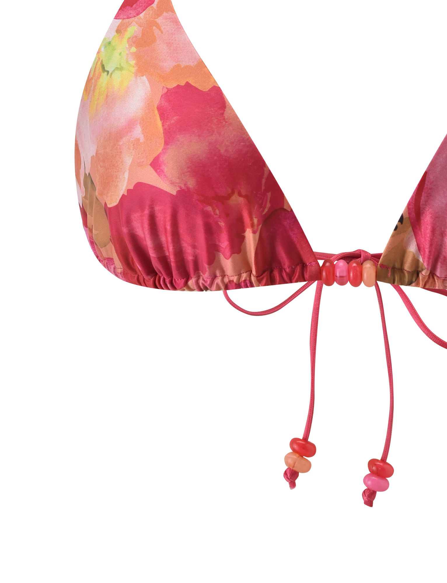 Close-up of the TIGERMIST FINLEA BIKINI TOP - DAIQUIRI FLORAL, showing pink, orange, and yellow floral print with ruched detail and pink string ties finished with pink and orange beads.