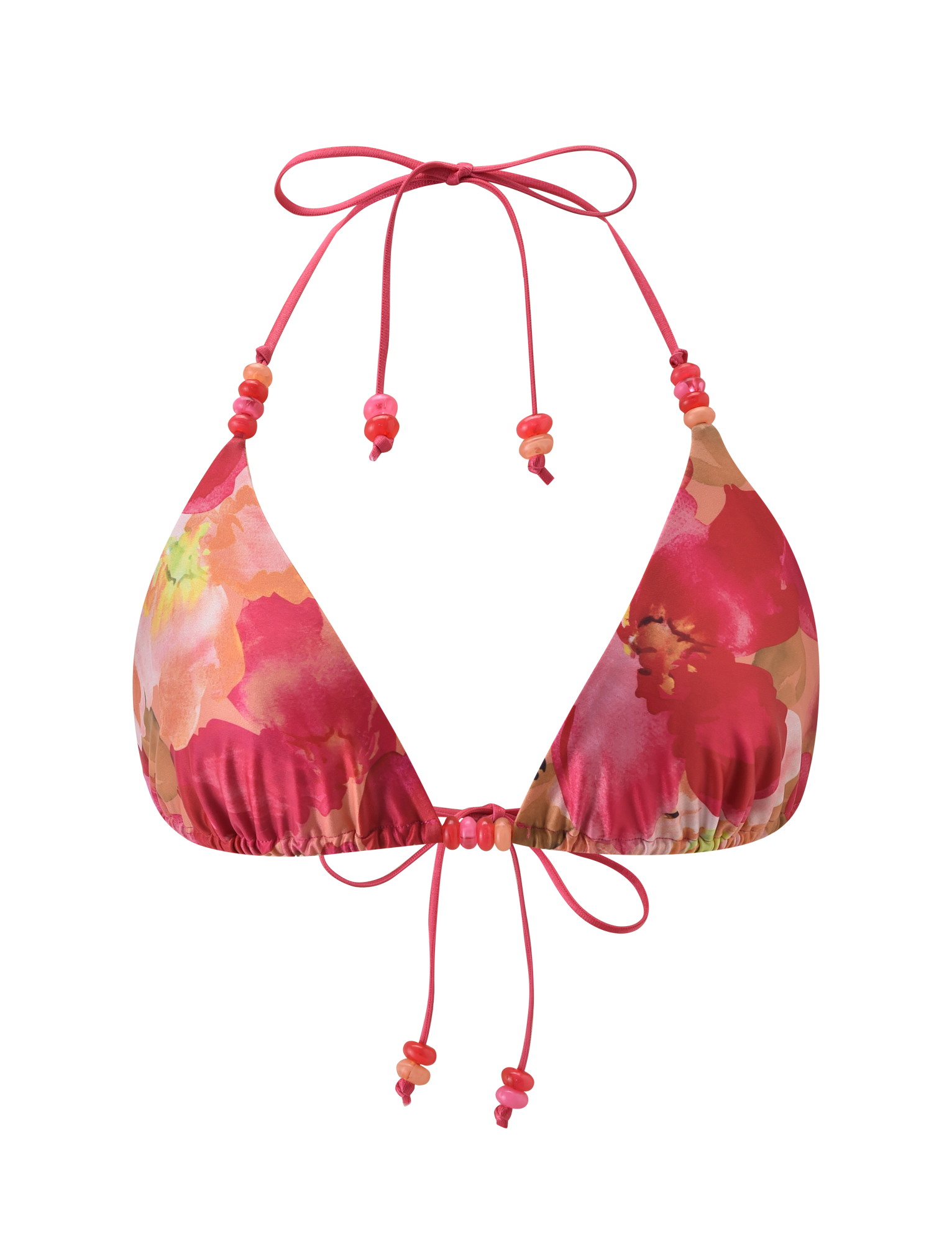 The TIGERMIST FINLEA BIKINI TOP - DAIQUIRI FLORAL features a vibrant pink, red, and orange floral print with adjustable triangle cups, halter neck string ties at the back, and colorful bead accents.