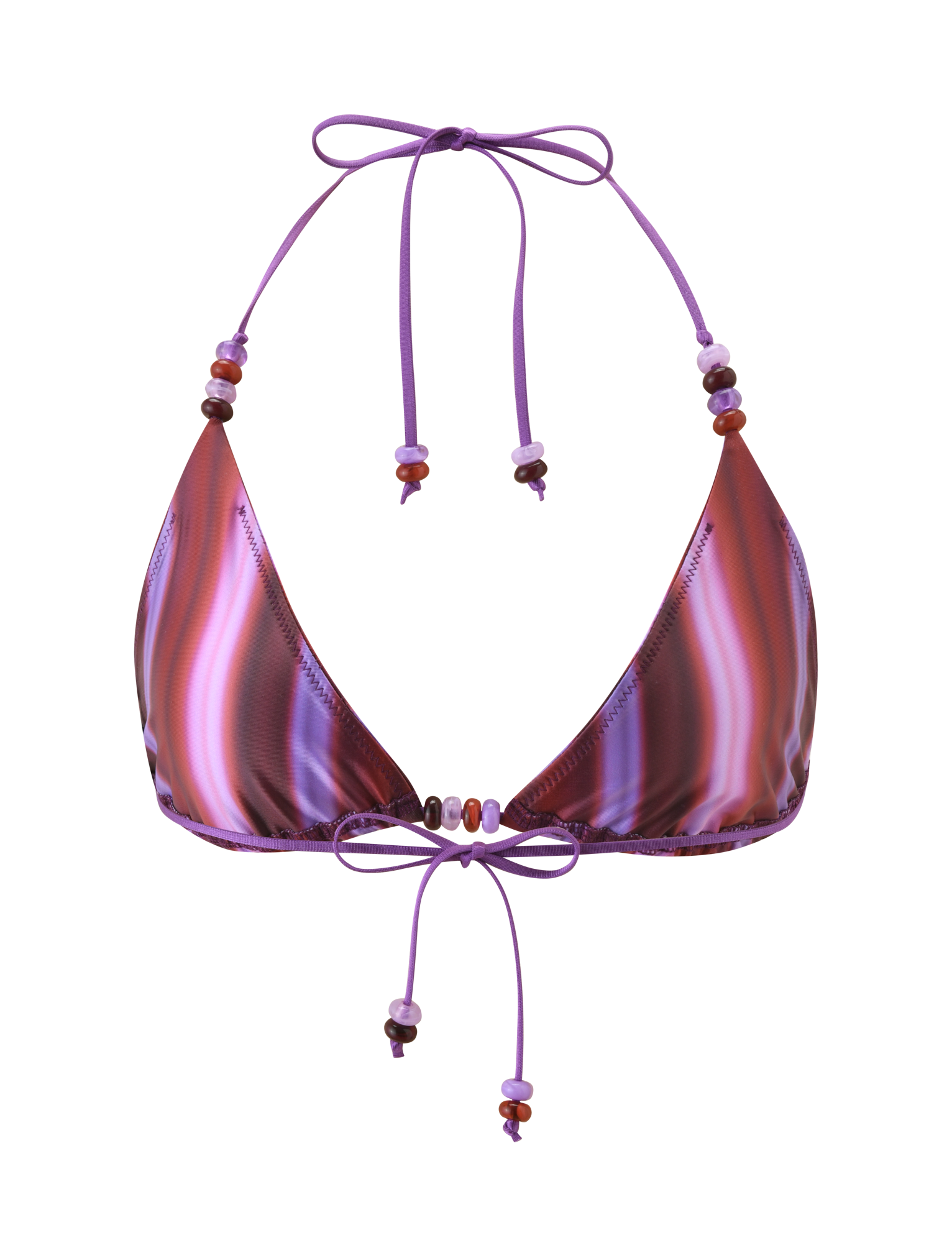 The TIGERMIST FINLEA BIKINI TOP – DUSK OMBRE STRIPE is a halter-neck style featuring purple, pink, and red swirled stripes, with adjustable ties and playful colorful beads on the straps and string ends.