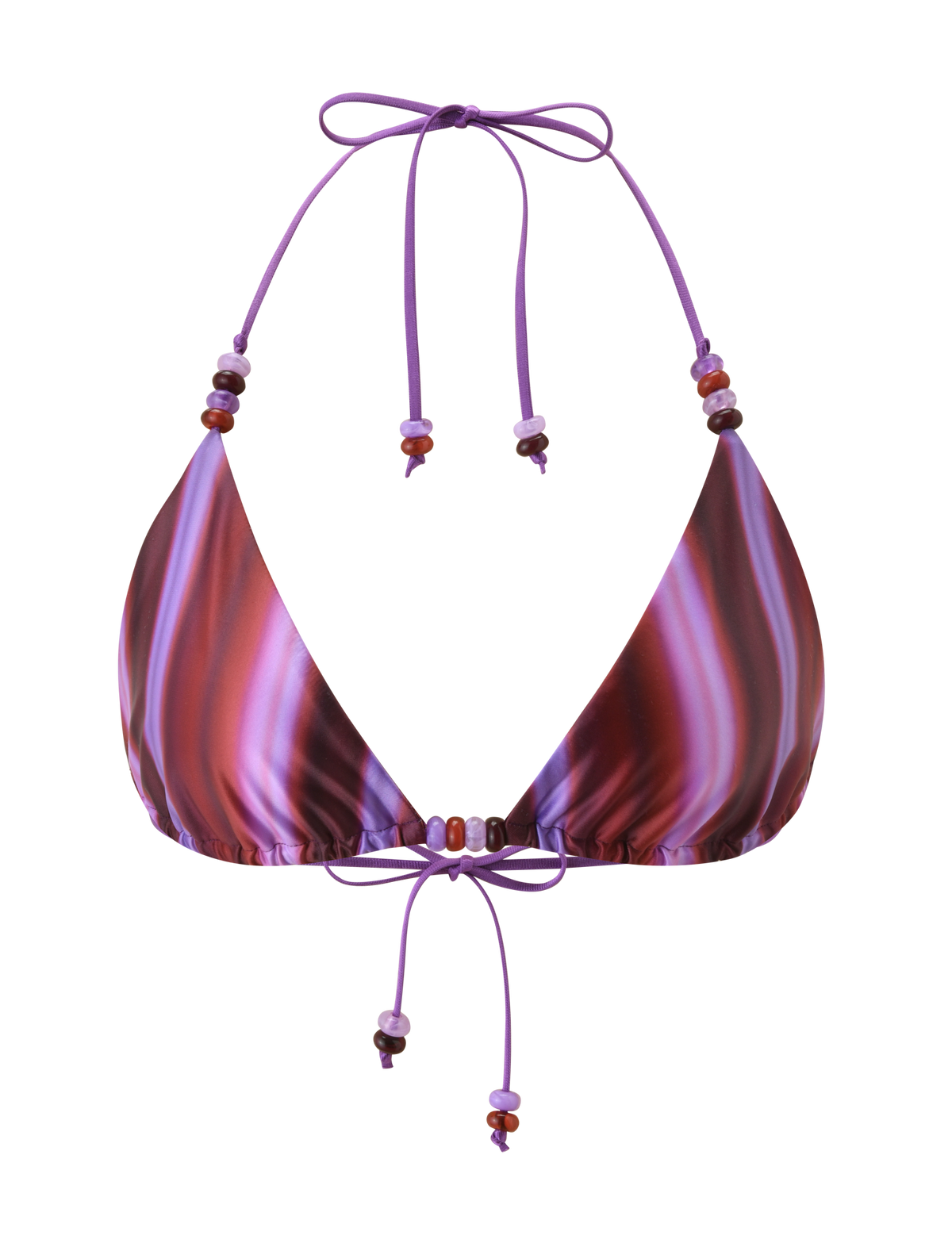 The FINLEA BIKINI TOP - DUSK OMBRE STRIPE by TIGERMIST features a purple and maroon striped design with an adjustable triangle shape, thin strings, beaded accents, and adjustable neck and back ties.