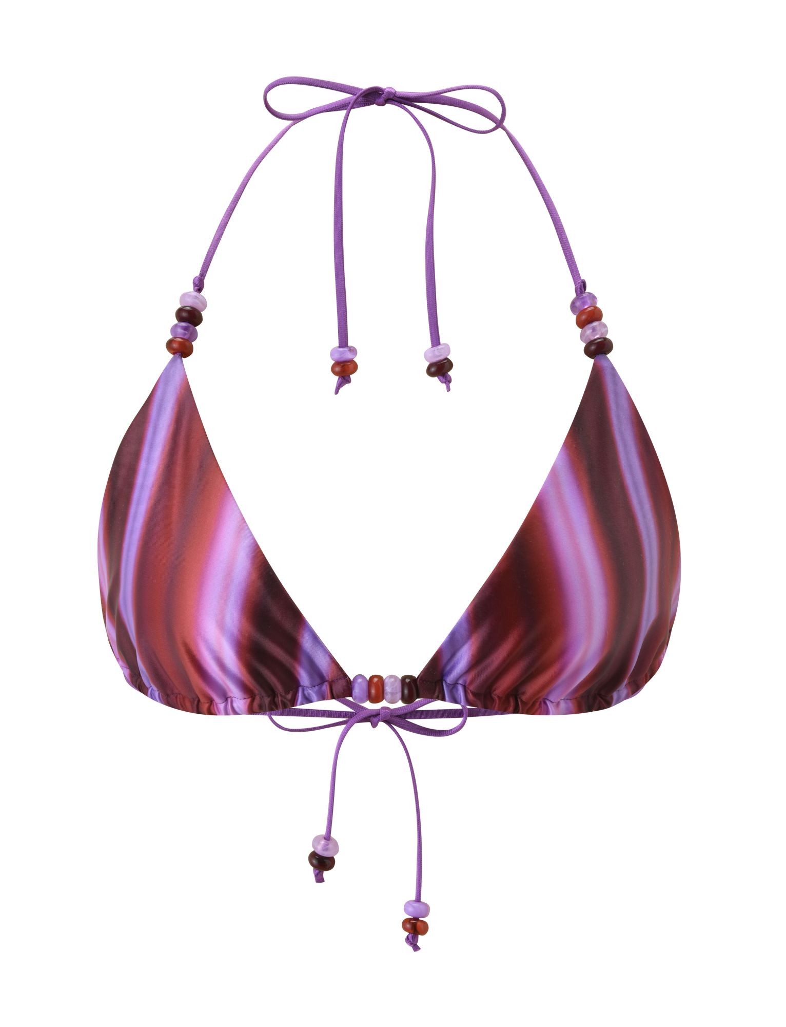 The FINLEA BIKINI TOP - DUSK OMBRE STRIPE by TIGERMIST features a purple and maroon striped design with an adjustable triangle shape, thin strings, beaded accents, and adjustable neck and back ties.