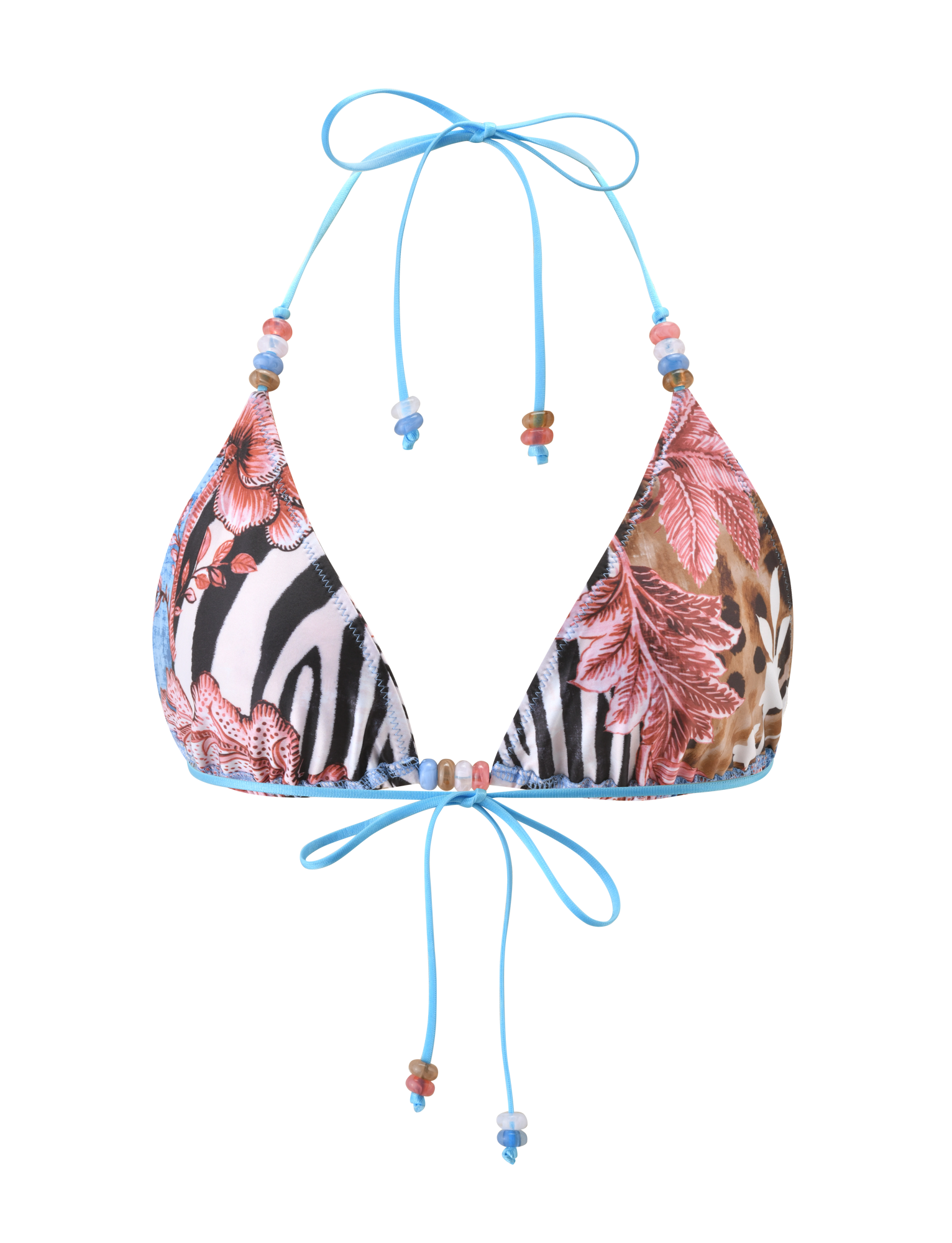 The TIGERMIST FINLEA BIKINI TOP - GLOBAL ANIMAL HAZE features multicolour beads, mixed animal prints, and red leaf patterns with adjustable blue beaded straps, shown on a white background.