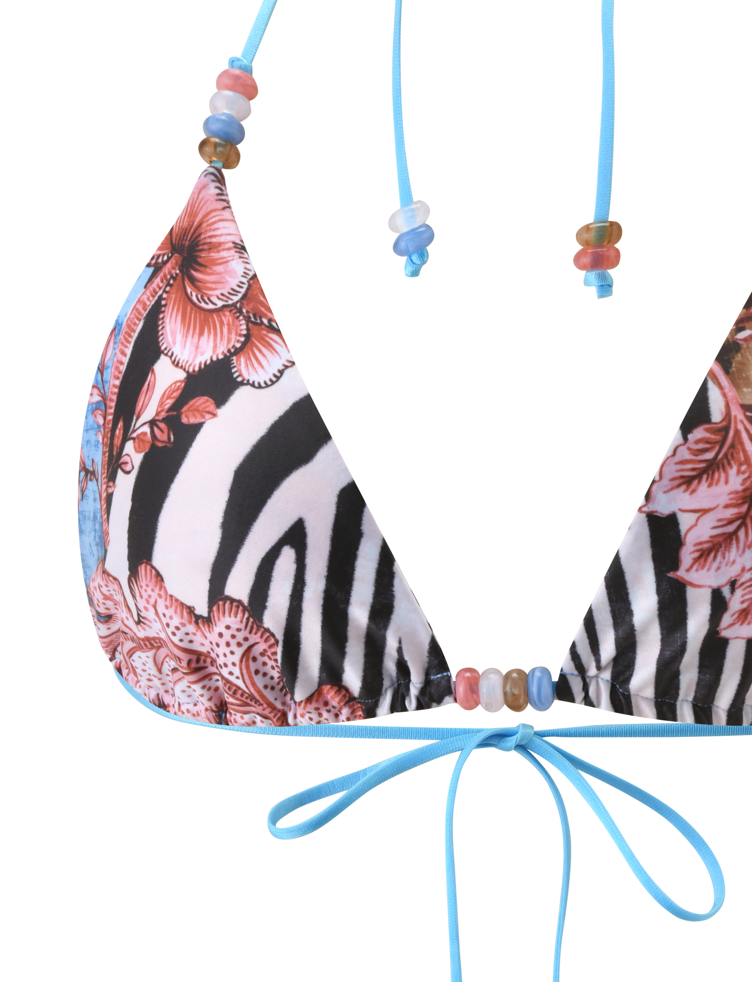 Close-up of the TIGERMIST FINLEA BIKINI TOP - GLOBAL ANIMAL HAZE, featuring blue string ties, zebra stripes, red and pink floral patterns, and adjustable triangle cups with pastel multicolour beaded straps.