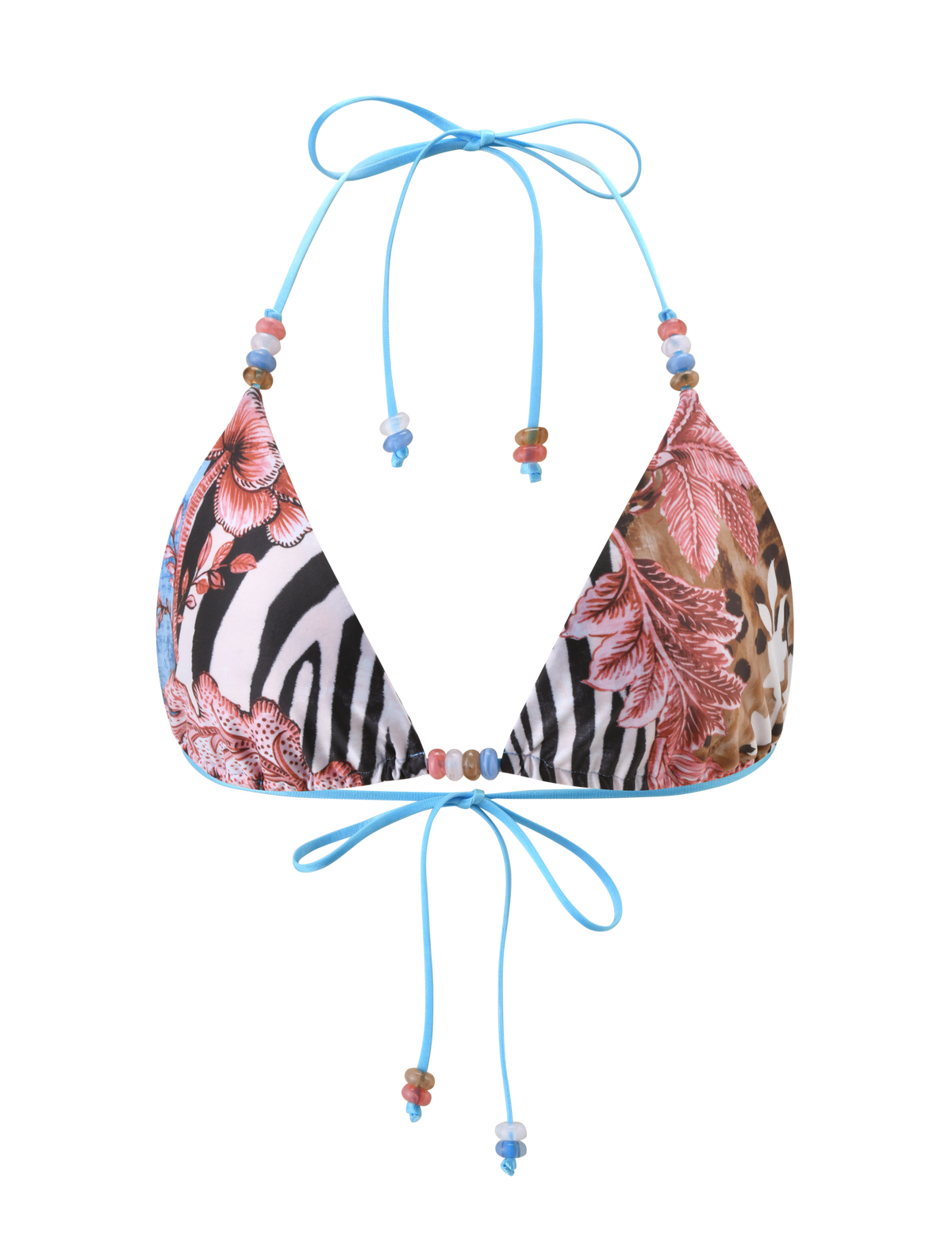 The TIGERMIST FINLEA BIKINI TOP - GLOBAL ANIMAL HAZE is a multicoloured, adjustable triangle bikini top with blue string ties and vibrant zebra, leopard, and floral patterns in black, white, brown, and red.