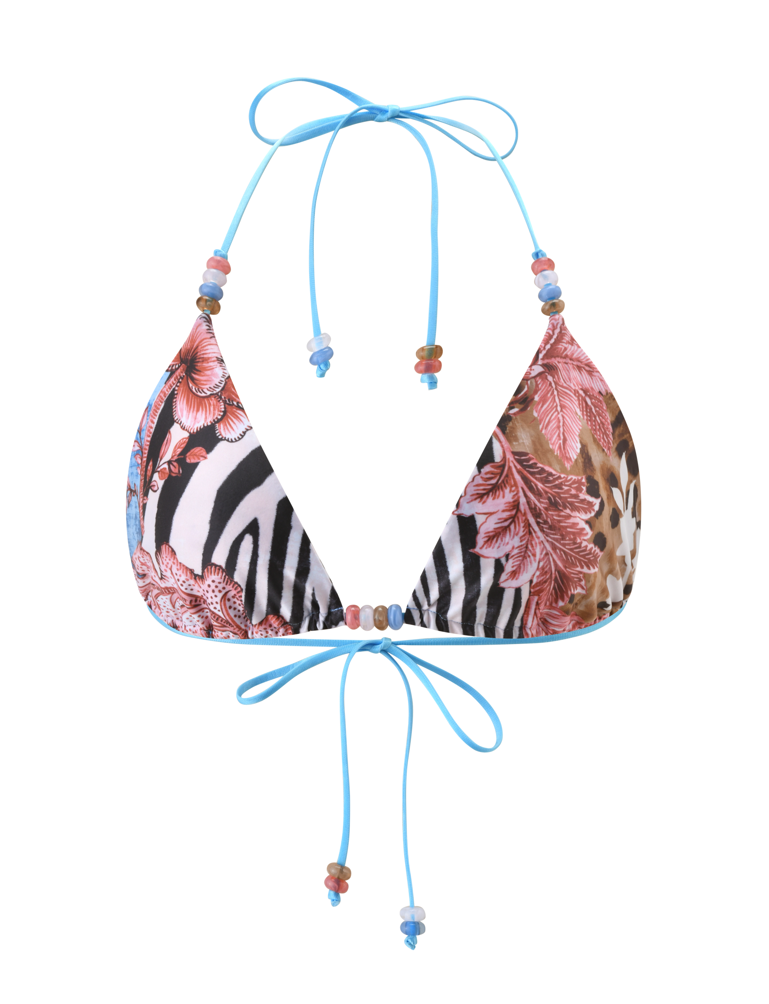 The TIGERMIST FINLEA BIKINI TOP - GLOBAL ANIMAL HAZE is a multicoloured, adjustable triangle bikini top with blue string ties and vibrant zebra, leopard, and floral patterns in black, white, brown, and red.