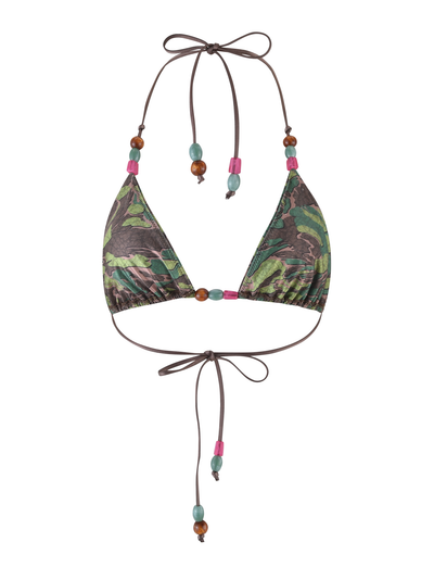 The FINLEA BIKINI TOP - GREEN : CAMO by TIGERMIST features a camo design, thin brown straps with pink, turquoise, and brown beads, and ties at the neck and back.