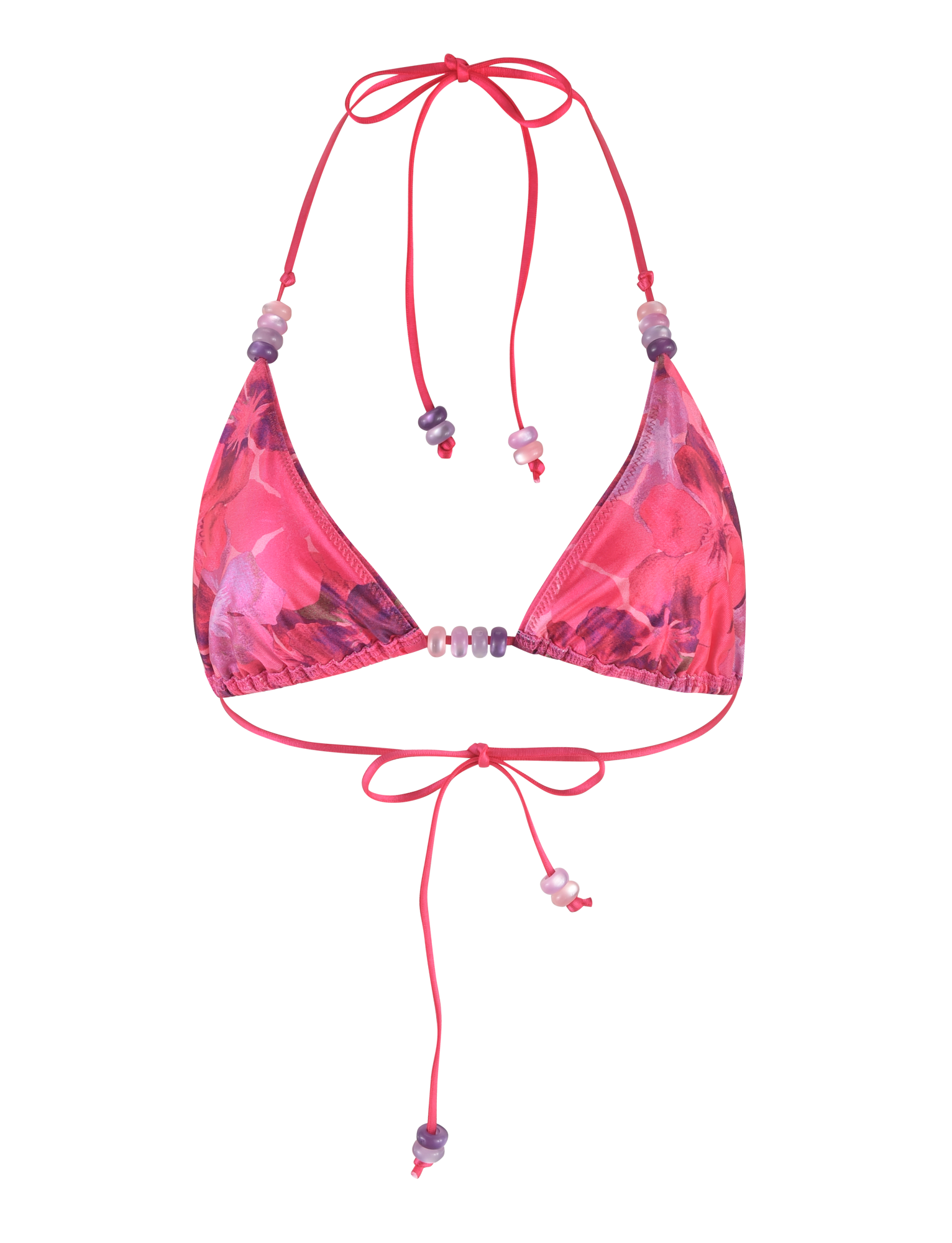 The TIGERMIST FINLEA BIKINI TOP - PINK : HIBISCUS features a pink floral print with purple accents, halter neck, back tie strings, adjustable fit, and small beads on the straps.