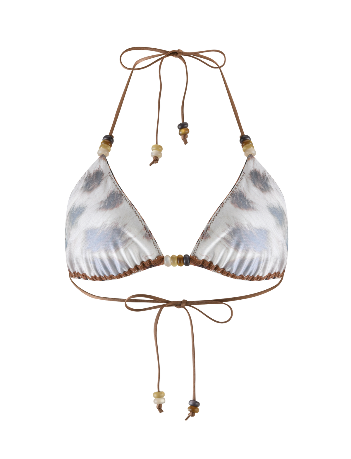 The FINLEA BIKINI TOP by TIGERMIST features a brown and white tie-dye halter design with leopard print accents, brown neck and back ties, and decorative beads for a stylish touch.