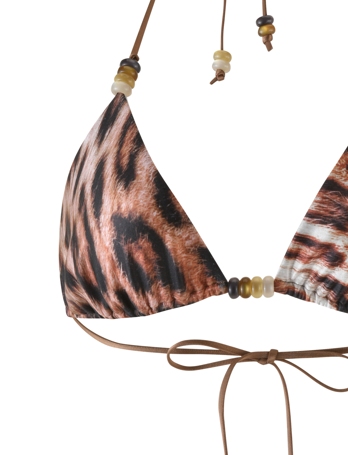 A close-up of the TIGERMIST FINLEA BIKINI TOP in Leopard Haze, featuring a halter neck, brown strings, leopard print and decorative beads.