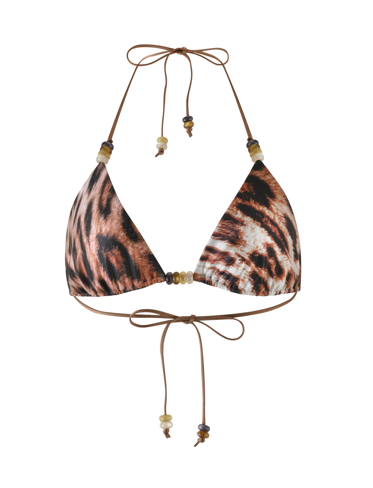 The FINLEA BIKINI TOP by TIGERMIST features a chic leopard haze print, halter neck design with adjustable string ties at the neck and back, and decorative beads on the strings.