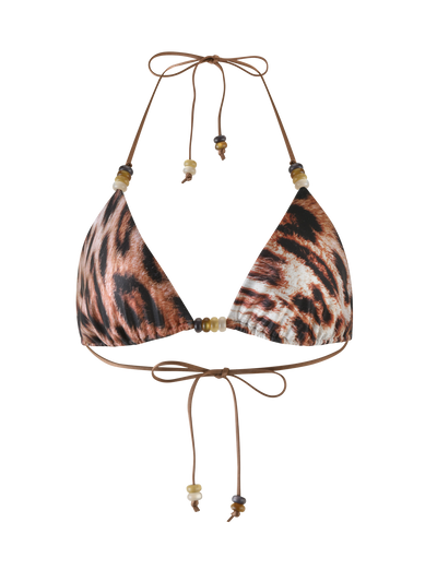The FINLEA BIKINI TOP by TIGERMIST features a chic leopard haze print, halter neck design with adjustable string ties at the neck and back, and decorative beads on the strings.