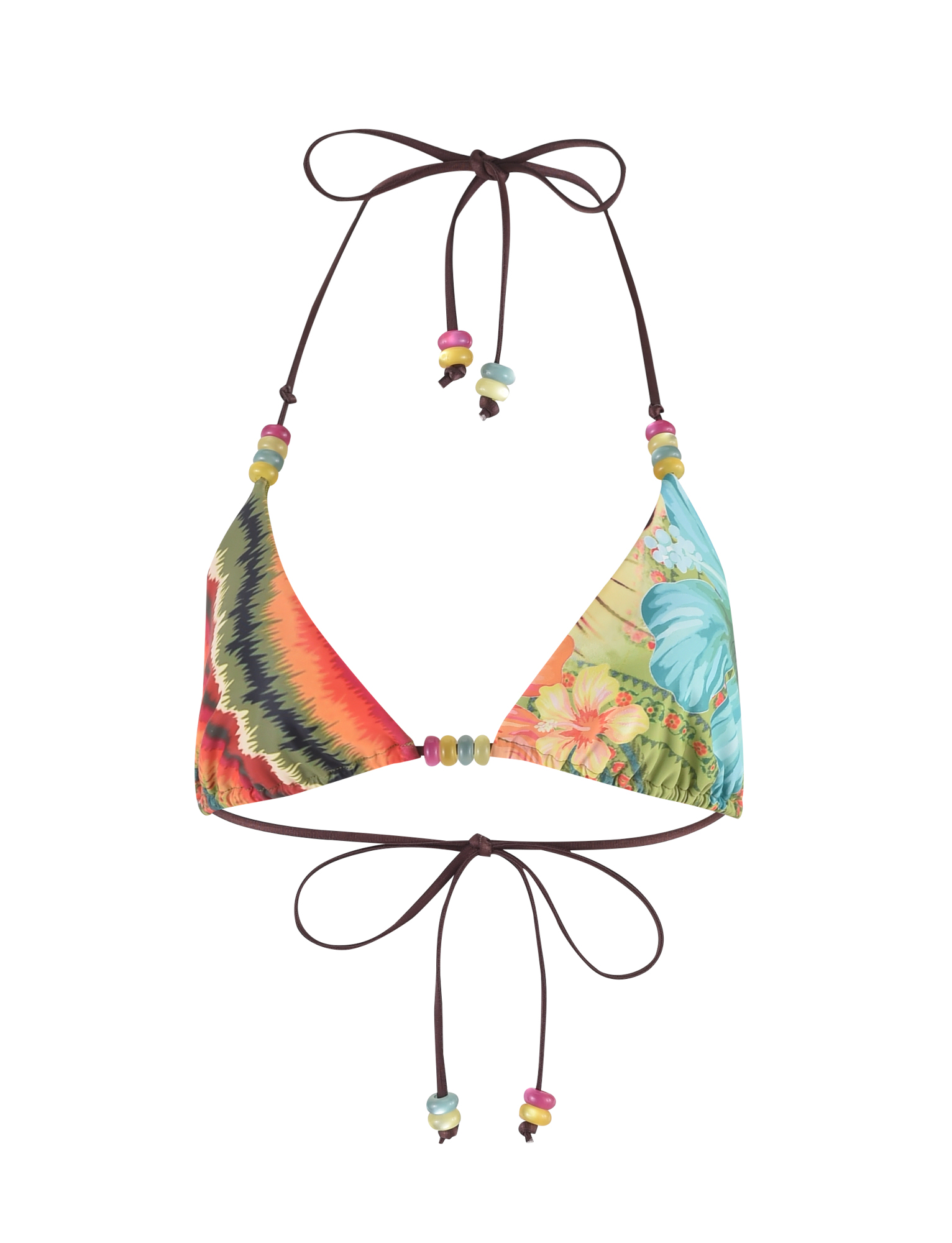 The FINLEA BIKINI TOP - MULTI : TROPICAL FLORAL by TIGERMIST features a colorful halter neck with a tropical floral print, abstract designs, dark brown adjustable ties, and beaded strap details for a vibrant look.