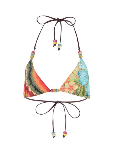 The FINLEA BIKINI TOP - MULTI : TROPICAL FLORAL by TIGERMIST features a colorful halter neck with a tropical floral print, abstract designs, dark brown adjustable ties, and beaded strap details for a vibrant look.