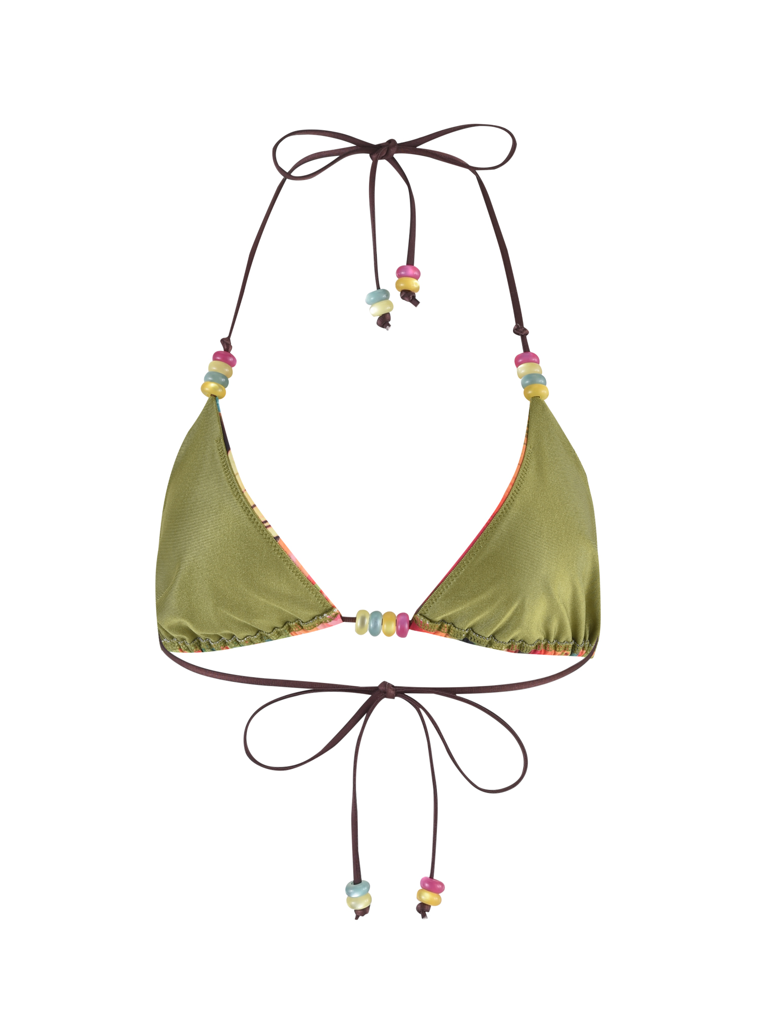 The FINLEA BIKINI TOP - MULTI : TROPICAL FLORAL by TIGERMIST features a green halter neck with beaded strap details and multicolored bead accents on the ties, shown against a white background.