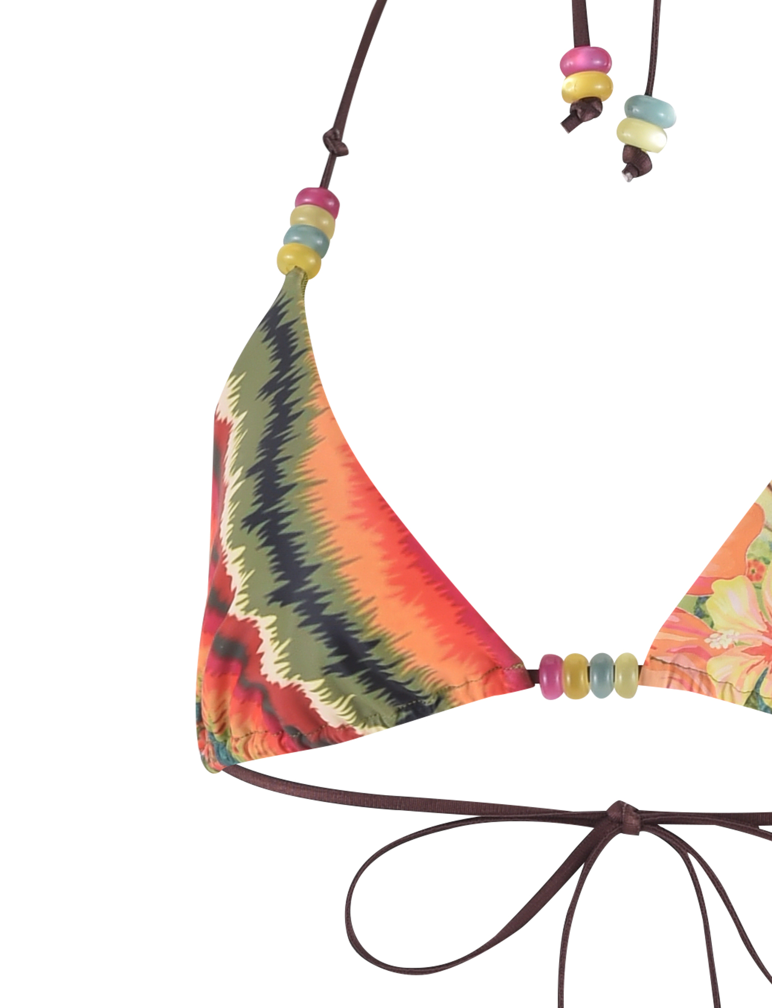 A close-up of the TIGERMIST FINLEA BIKINI TOP - MULTI: TROPICAL FLORAL shows a halter neck with pastel tie-dye, tropical florals, beaded strap details, and bow-tied strings at the top and bottom.