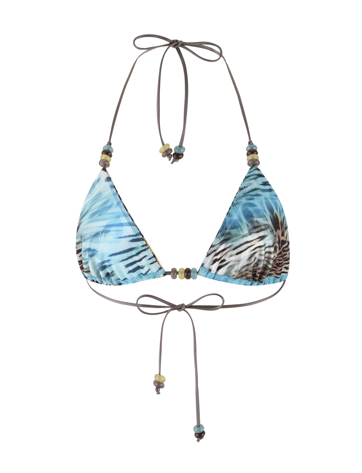 The FINLEA BIKINI TOP by TIGERMIST features a blue butterfly and brown animal print, adjustable halter neck, and decorative beads on the straps and center.