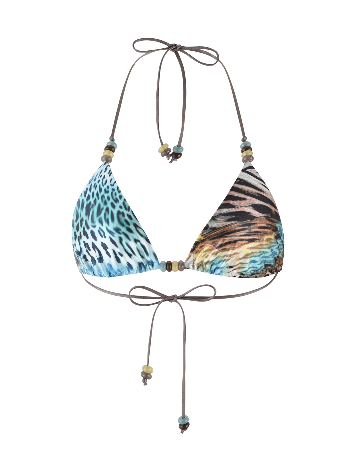 The FINLEA BIKINI TOP - MULTI by TIGERMIST features adjustable halter ties and mismatched cups: one with a blue leopard print, the other with brown-orange animal stripes, both with thin beaded straps that tie at the neck and back.