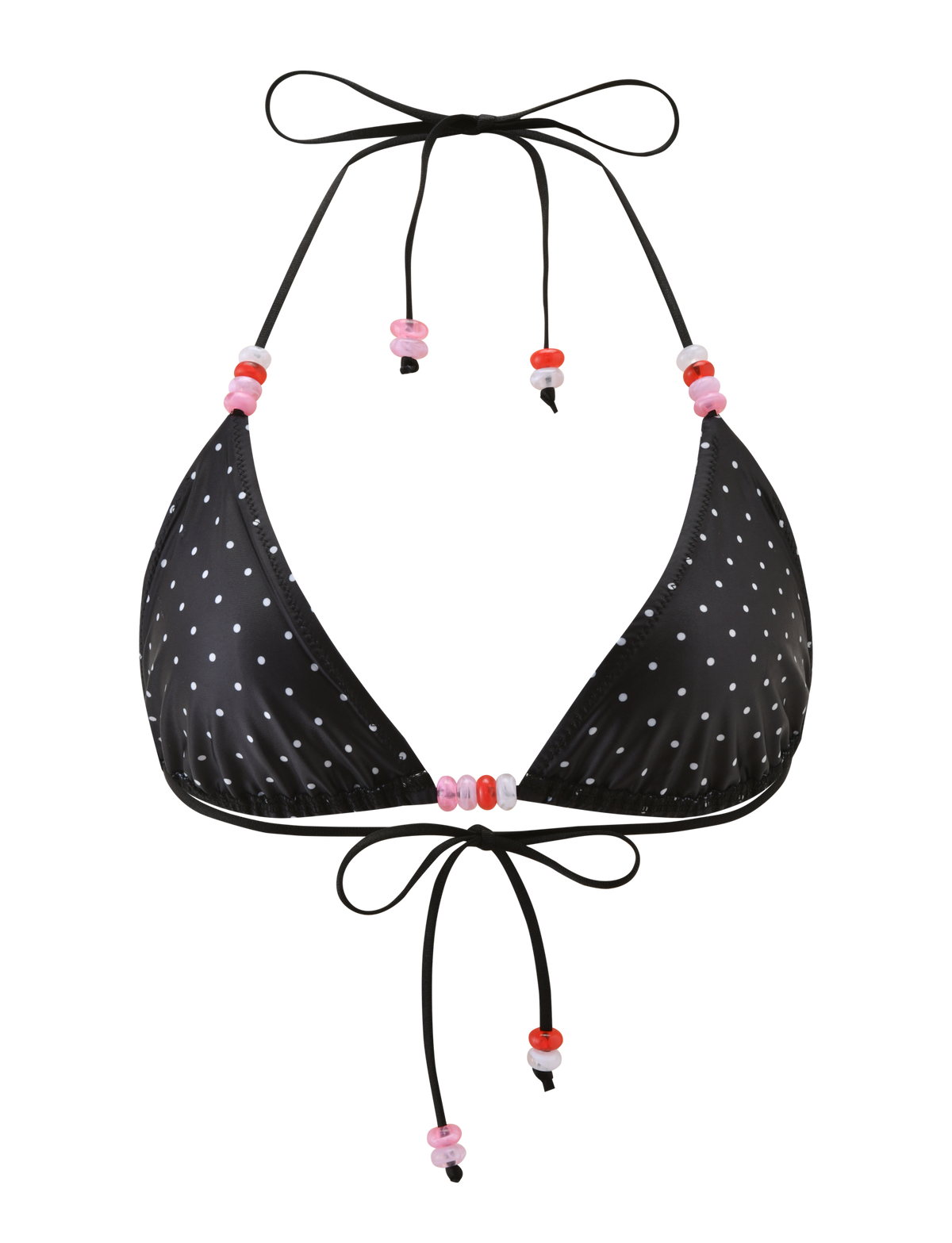 The TIGERMIST FINLEA BIKINI TOP - POLKA DOT BLACK CREAM features a black triangle design with white polka dots, a halter neck, and pink-red beaded string details, shown on a plain white background.