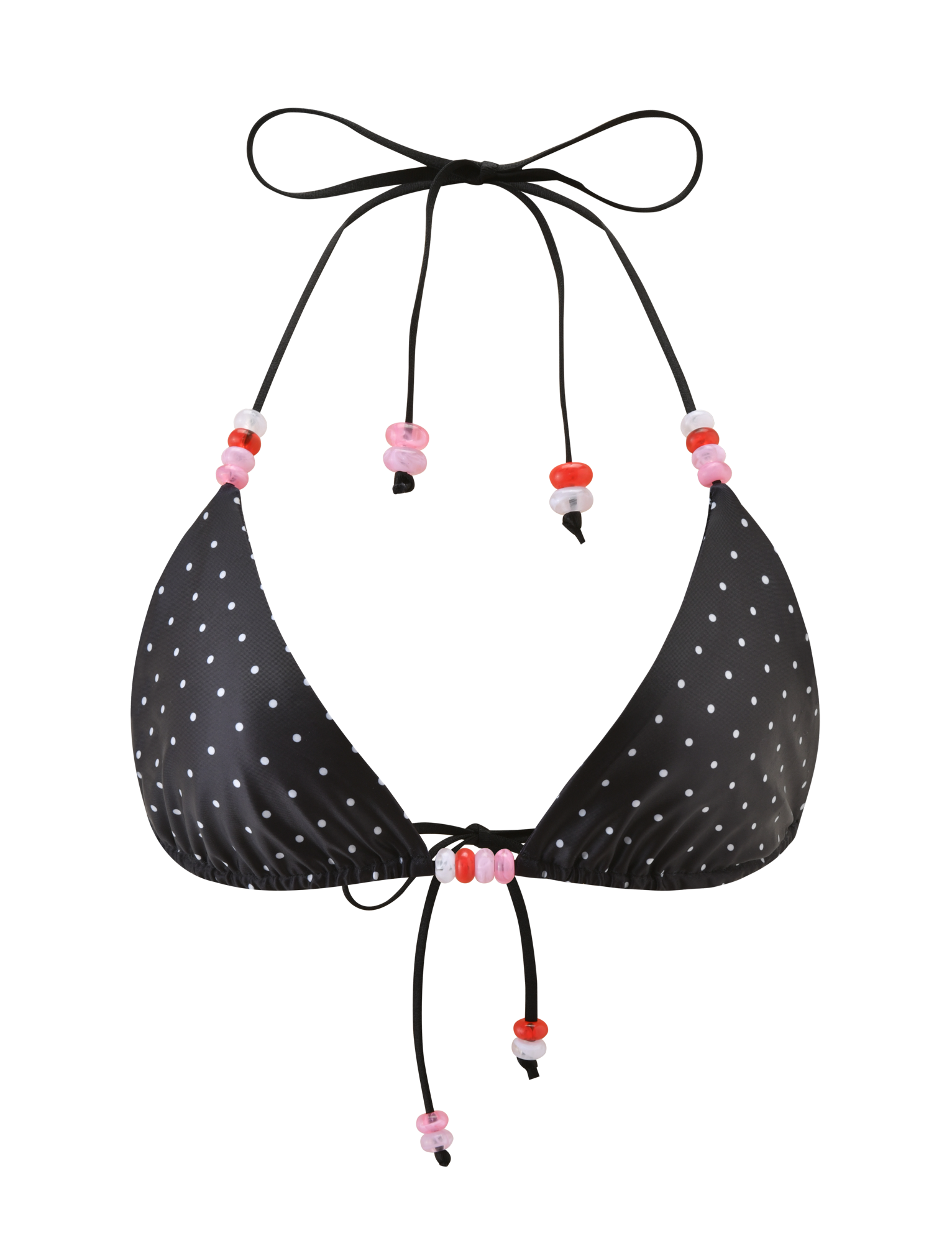 The FINLEA BIKINI TOP - POLKA DOT BLACK CREAM by TIGERMIST features a black polka dot triangle design with adjustable halter neck and back ties, accented with playful pink and red plastic beads.